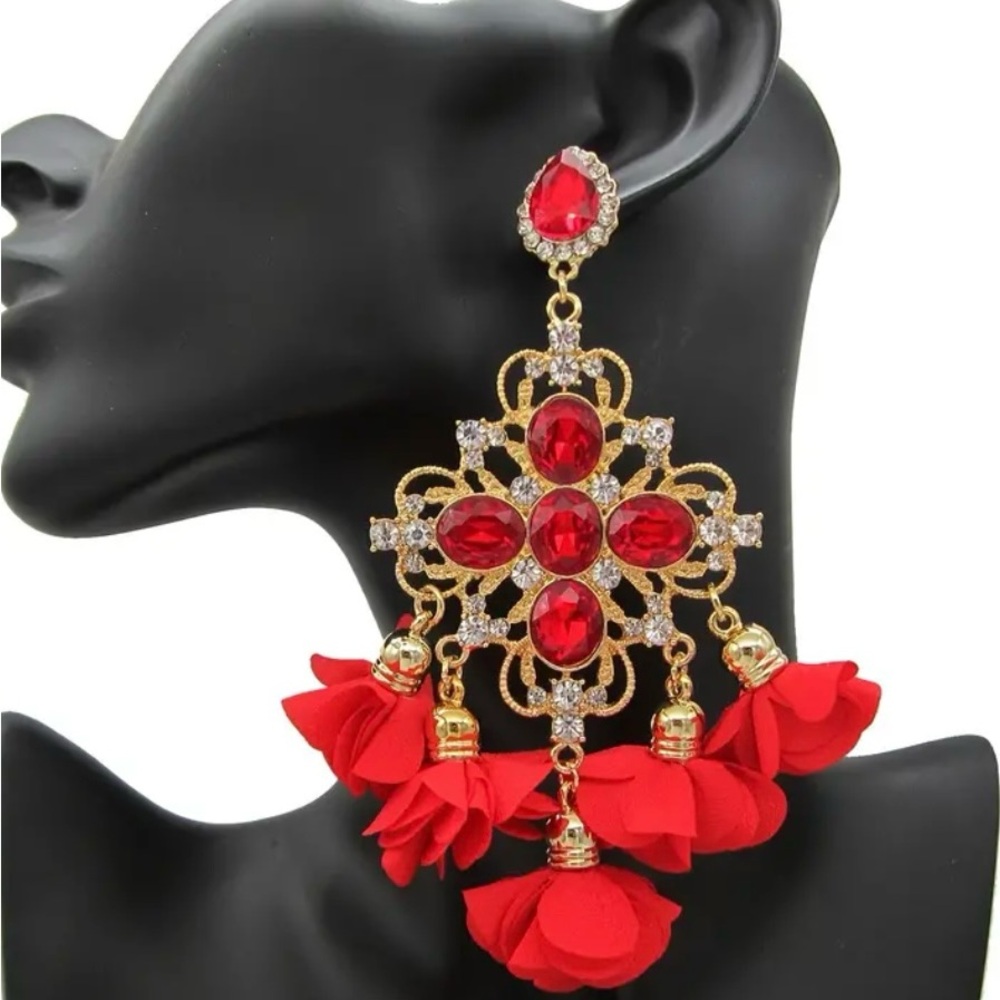 Red Chic Chandelier Dangle Earrings 22k Gold Plated Sparkling Flower Design